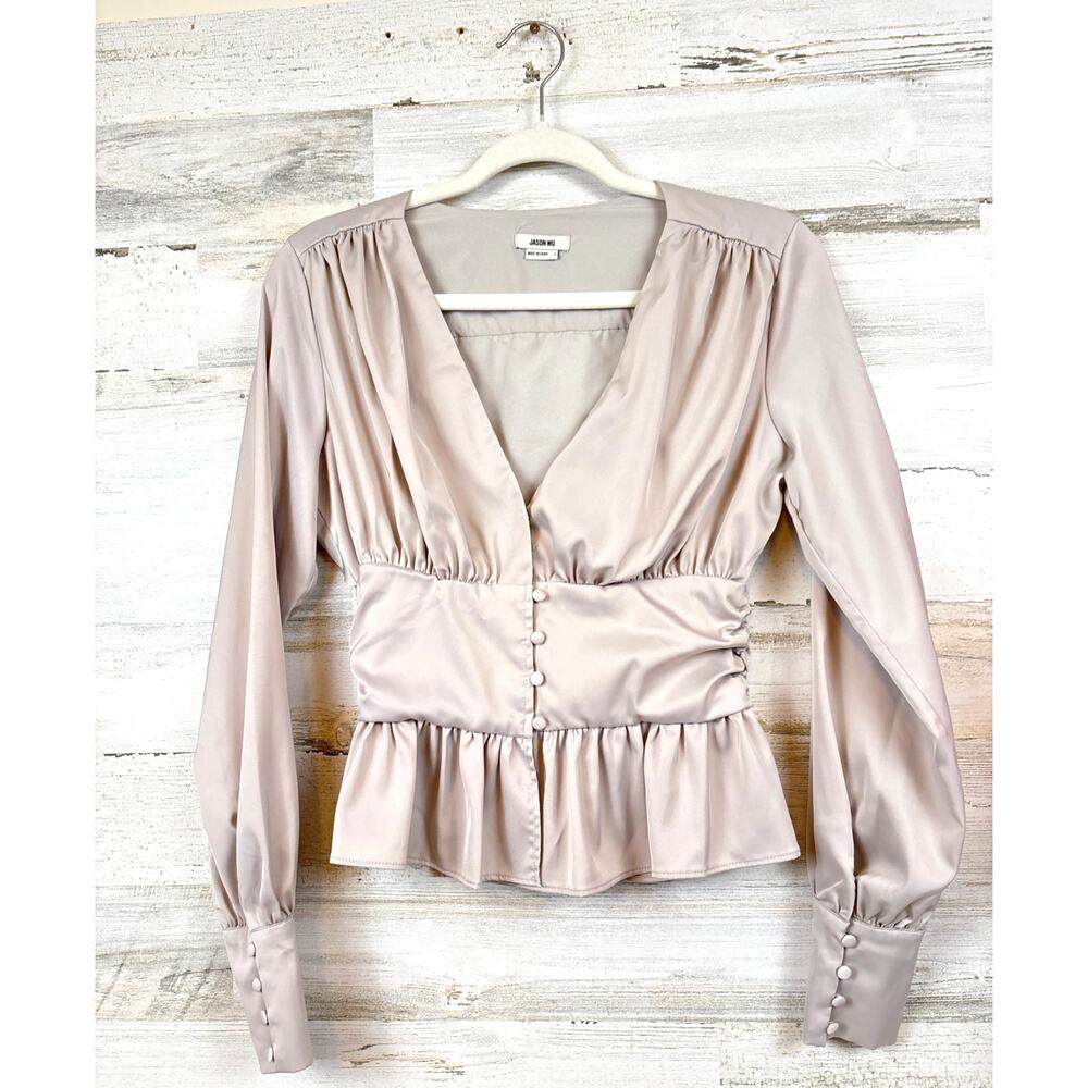 Jason Wu Ruffle Peplum Babydoll Blouse Womens S Front Button Feminine Silky
